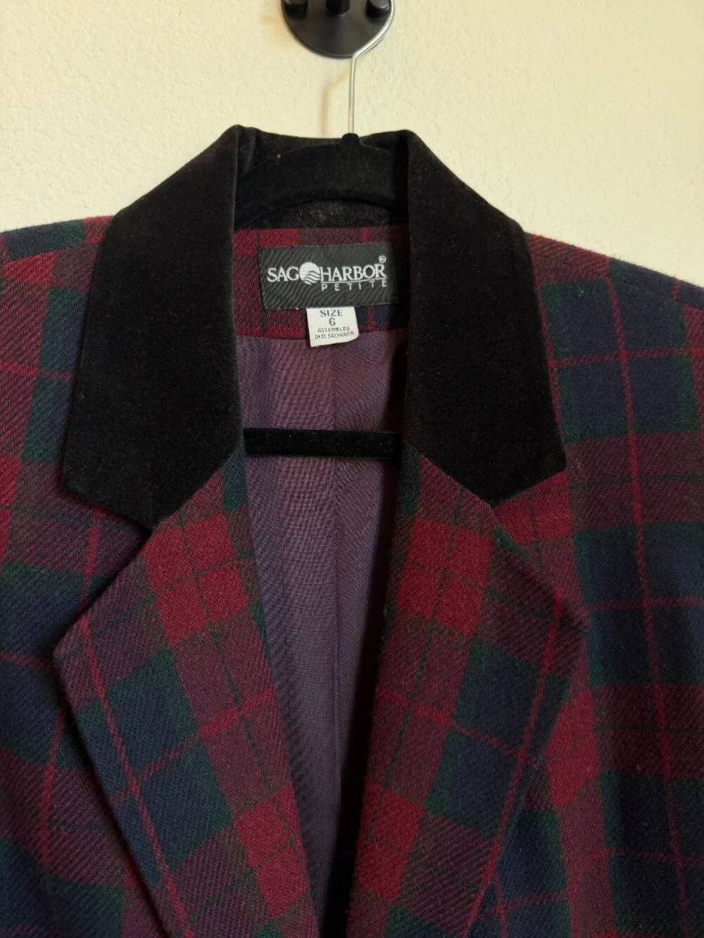 Vintage Sag Harbor Petite Red Green Plaid Velvet Collar Blazer Jacket 6 - Picture 4 of 7